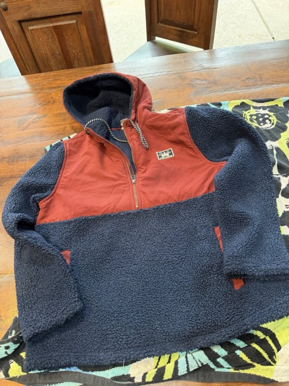 Hurley Sherpa Fleece Hoodie Men's M Blue Red Half Zip Pullover Jacket Shacket